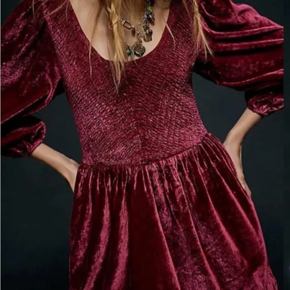 Free People Feel The Love Velvet Mini Dress S Red Smocked Boho Festival hoilday